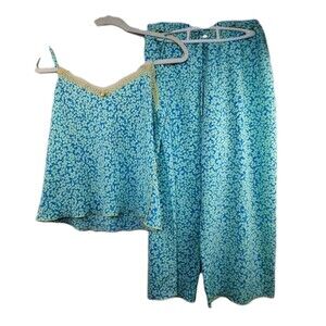Josie Natori Blue Floral Lace Camisole Cropped Pant Pajama Set Size S